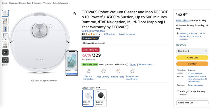 Amazon: ECOVACS Robot Vacuum Cleaner and Mop DEEBOT N10 – 56% Off, now $329